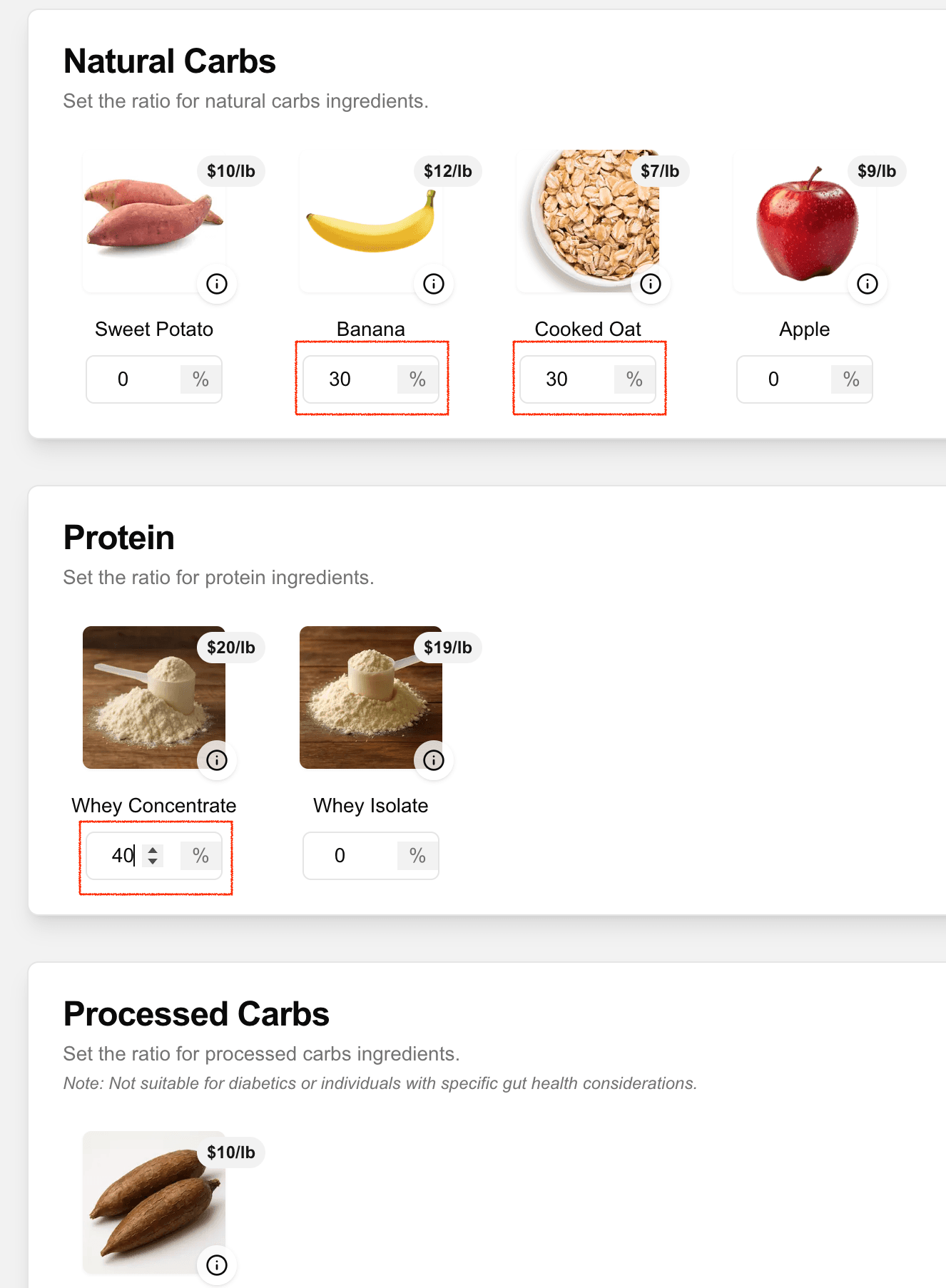 Adjusting ingredient percentages